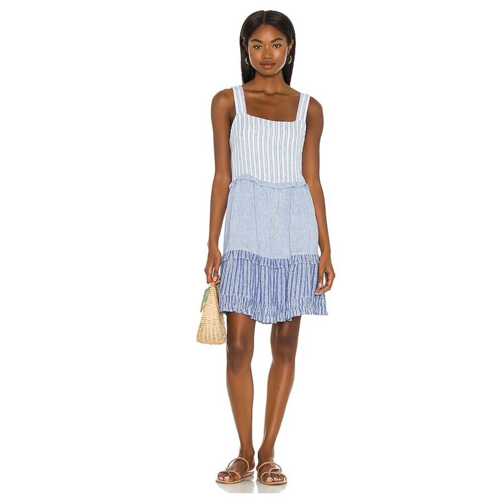 Rails Sandy Mixed Coastal Blue White Ruffled Tiered Linen Dress Sz Small 3025